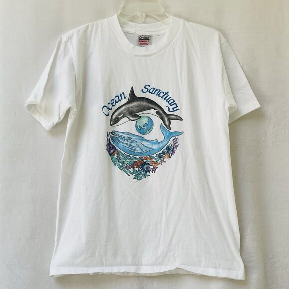 Oneita Tops - Vintage 90s Dolphin T Shirt Unisex Large Single Stitch Nature Norma Wilson 1991